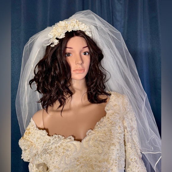 Ivory Off-Shoulder Wedding Dress with Gold Embroidery + Veil & Bouquet - Picture 5 of 16
